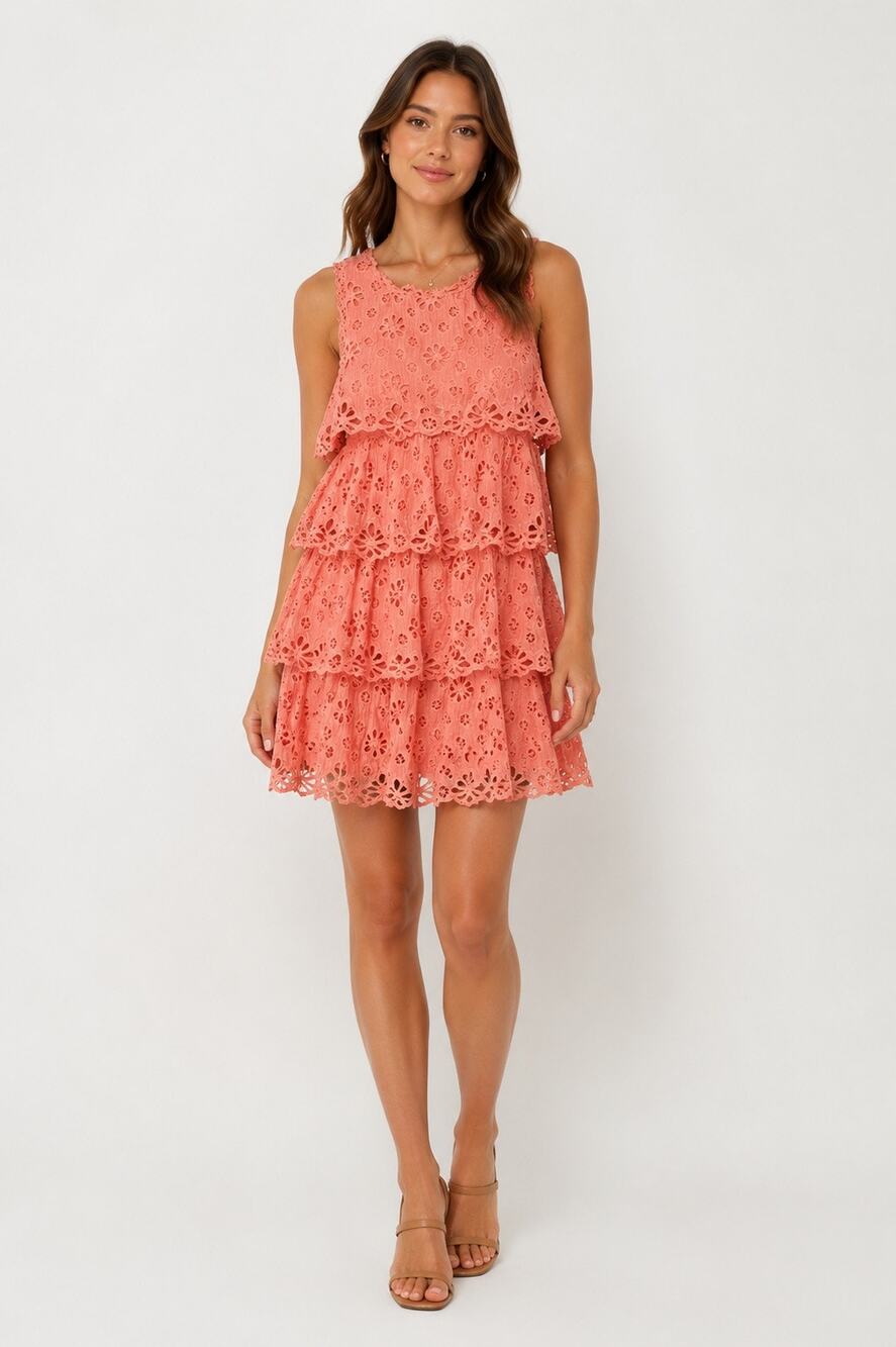 Rebecca Taylor Pinwheel Eyelet Tiered Mini Dress Size 2 Coral Pink Cotton Silk